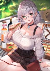 Rule 34 | 1girl, ahoge, bag, bare legs, black choker, blanket, blue ribbon, blush, bottle, braid, breasts, butter, butter knife, choker, cleavage, collarbone, commentary request, crown braid, cup, dappled sunlight, day, eating, egg, egg (food), food, glasses, grass, green eyes, grey skirt, hair ribbon, handbag, hat, unworn hat, unworn headwear, highres, holding, holding food, hololive, large breasts, long sleeves, looking at viewer, miniskirt, off-shoulder sweater, off shoulder, open mouth, outdoors, picnic, picnic basket, plaid, plaid skirt, plate, rainbow, ribbed sweater, ribbon, sandwich, semi-rimless eyewear, shirogane noel, shirogane noel (casual), short hair, silver hair, sitting, skirt, smile, snowflake choker, solo, straw hat, sunlight, sunny side up egg, sweater, thighs, tomato, virtual youtuber, watao, watch, white sweater, wine bottle, wristwatch