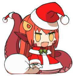 Rule 34 | 1girl, :d, blush stickers, chibi, christmas, chromatic aberration, commentary, english commentary, fangs, hair ornament, hairclip, hat, highres, lamia, loen, long hair, long sleeves, meme, miia (monster musume), monster girl, monster musume no iru nichijou, open mouth, padoru (meme), pointy ears, red hair, red hat, sack, santa costume, santa hat, simple background, skin fangs, smile, solo, standing, tail, transparent background, white background, yellow eyes