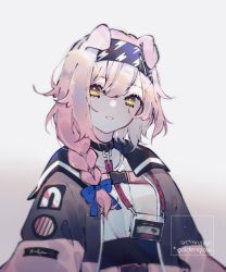 Rule 34 | 1girl, animal ears, arknights, artist name, black choker, black hairband, black jacket, blue bow, blush, bow, braid, cat ears, character name, choker, goldenglow (arknights), gradient background, hair bow, hair over shoulder, hairband, id card, jacket, lightning bolt print, long hair, looking at viewer, miru (miruzuya), open clothes, open jacket, parted lips, pink hair, shirt, single braid, solo, upper body, white background, white shirt, yellow eyes