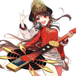 Rule 34 | 1girl, \m/, artist name, black hair, buster shirt, family crest, fate/grand order, fate (series), guitar, hat, headphones, headphones around neck, highres, holding, holding instrument, instrument, jacket, koha-ace, leg up, letterman jacket, long hair, military hat, oda nobunaga (fate), oda nobunaga (swimsuit berserker) (fate), oda nobunaga (swimsuit berserker) (first ascension) (fate), oda uri, peaked cap, red eyes, simple background, skirt, solo, sparkling eyes, striped clothes, striped skirt, twitter username, white background, yui (tamagohan)