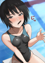 Rule 34 | 1girl, amagami, black hair, black one-piece swimsuit, bob cut, breasts, brown eyes, competition swimsuit, covered navel, cowboy shot, food, mori heichi, mouth hold, nanasaki ai, one-piece swimsuit, pocky, short hair, small breasts, solo, swimsuit, two-tone swimsuit, water