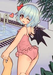 Rule 34 | 1girl, ass, bad id, bad pixiv id, bat wings, blue hair, hair ribbon, heart, holding hands, jewelry, looking at viewer, nyt (nagane), one-piece swimsuit, one eye closed, open mouth, pink eyes, pink one-piece swimsuit, pool, pov, pov hands, remilia scarlet, ribbon, ring, smile, swimsuit, touhou, wings