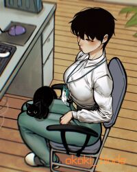 Rule 34 | 1girl, animal, animal on lap, ayaki blade, black hair, blurry, breasts, brown eyes, cat, cat on lap, chair, chromatic aberration, commentary request, depth of field, desk, full body, green pants, highres, id card, keyboard (computer), lanyard, medium breasts, mouse (computer), office lady, on lap, original, pants, pout, shirt, short hair, sitting, slippers, solo, tomoka (ayaki), toned, twitter username, white shirt
