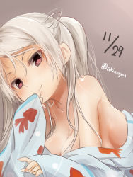 Rule 34 | 1girl, akino shuu, animal print, breasts, brown background, cleavage, closed mouth, commentary request, conte di cavour (kancolle), dated, fish print, goldfish print, grey hair, japanese clothes, kantai collection, kimono, long hair, long sleeves, looking at viewer, lying, medium breasts, off shoulder, on stomach, parted bangs, print kimono, red eyes, simple background, sleeves past wrists, smile, solo, twitter username, white kimono, wide sleeves