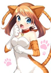 Rule 34 | 1girl, animal costume, animal ears, animal hands, bell, blue eyes, breasts, brown hair, cat costume, cat ears, cat tail, cleavage, collar, collarbone, creatures (company), dress, elbow gloves, fang, game freak, gloves, highres, long hair, may (pokemon), may (pokemon oras), medium breasts, nintendo, open mouth, paw gloves, pokemon, pokemon oras, simple background, sleeveless, sleeveless dress, solo, standing, strapless, strapless dress, tail, twintails, white background, yuihico