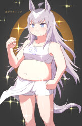Rule 34 | &gt;:), 1girl, animal ears, bare arms, bare shoulders, black background, blue eyes, breasts, clenched hands, commentary request, crop top, fat, grey hair, hand up, highres, horse ears, long hair, medium breasts, midriff, mukakin, navel, oguri cap (umamusume), short shorts, shorts, solo, sparkle, sports bra, standing, stomach, tail, thighs, umamusume, v-shaped eyebrows, very long hair, white shorts