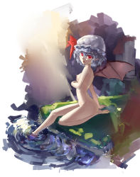 Rule 34 | 1girl, absurdres, arm support, barefoot, blue hair, breasts, fang, hat, highres, looking at viewer, mob cap, nipples, nude, open mouth, pointy ears, red eyes, remilia scarlet, short hair, sitting, sk tori, slit pupils, small breasts, soaking feet, solo, touhou, water, wings
