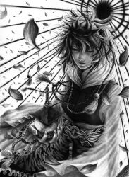 Rule 34 | 1girl, belt, bishamonten&#039;s pagoda, breasts, cherry blossoms, female focus, greyscale, hair ornament, hane (azelye), jewelry, monochrome, multicolored hair, necklace, petals, solo, toramaru shou, touhou, two-tone hair