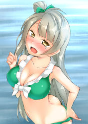 Rule 34 | 10s, 1girl, adjusting clothes, adjusting swimsuit, ass, bad id, bad pixiv id, bikini, blush, body blush, bow, breasts, brown eyes, butt crack, cleavage, frilled bikini, frills, front-tie top, full-face blush, green bikini, hair bow, highres, large breasts, long hair, love live!, love live! school idol project, mikazuchi zeus, minami kotori, navel, open mouth, shiny skin, silver hair, solo, swimsuit, tears, zeus (the oekaki zeus)