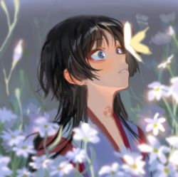 Rule 34 | 1boy, alternate hair length, alternate hairstyle, badamon, black hair, blue eyes, bug, butterfly, butterfly on nose, eyeliner, flower, genshin impact, highres, insect, japanese clothes, long hair, looking at animal, looking up, makeup, parted lips, scaramouche (genshin impact), sidelocks, solo, tomoe (symbol), white flower