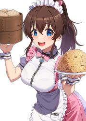 Rule 34 | apron, bamboo steamer, blue eyes, blush, bow, bowtie, breasts, brown hair, commentary request, frilled apron, frills, highres, holding, holding tray, idolmaster, idolmaster million live!, kamille (vcx68), large breasts, long hair, looking at viewer, maid apron, maid headdress, pink bow, pink bowtie, pink skirt, ponytail, pretty waitress (idolmaster), satake minako, shirt, simple background, skirt, smile, tray, waist apron, white apron, white background, white shirt, wrist cuffs