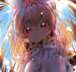 Rule 34 | 1girl, :3, animal ears, bare shoulders, blonde hair, blue sky, bow, bowtie, breasts, brown eyes, chromatic aberration, day, elbow gloves, extra ears, from below, gloves, grass, hair between eyes, highres, kemono friends, large breasts, lens flare, looking at viewer, notora, outdoors, print bow, print bowtie, print gloves, print neckwear, serval (kemono friends), serval print, shirt, sky, sleeveless, sleeveless shirt, smile, solo, traditional bowtie, upper body, white shirt