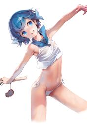 Rule 34 | 1girl, :d, armpits, ataruman, bare arms, bikini, bikini bottom only, blue eyes, blue hair, blue sailor collar, breasts, cameltoe, covered erect nipples, creatures (company), crop top, fishing rod, flat chest, game freak, highres, lana (pokemon), nintendo, open mouth, outstretched arms, petite, pokemon, pokemon sm, sailor collar, see-through, short hair, side-tie bikini bottom, simple background, sleeveless, smile, solo, spread arms, stomach, swimsuit, trial captain, white background, white bikini