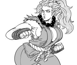 Rule 34 | 1girl, akuma (street fighter), bad id, bb (baalbuddy), blank eyes, breasts, clenched hands, cowboy shot, female focus, fighting stance, genderswap, genderswap (mtf), greyscale, highres, inactive account, jacket, jewelry, large breasts, looking at viewer, monochrome, muscular, muscular female, necklace, parted lips, pearl necklace, ponytail, sash, simple background, solo, standing, street fighter, street fighter iv (series), torn clothes, torn jacket, white background