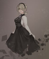 Rule 34 | 1girl, absurdres, bad id, bad tumblr id, black dress, blonde hair, blue necktie, closed mouth, commentary, danganronpa (series), danganronpa v3: killing harmony, dress, from side, green eyes, grey background, hairband, highres, long sleeves, looking at viewer, matilda fiship, necktie, shirt, short hair, signature, skirt hold, smile, solo, standing, tojo kirumi, white shirt