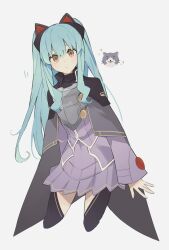 Rule 34 | 1girl, animal ears, armor, blue hair, breastplate, cape, cat hair ornament, clothing cutout, dress, eiyuu densetsu, fake animal ears, george man, hair ornament, highres, long hair, long sleeves, looking at viewer, mishy, pleated dress, purple cape, purple dress, shield, shoulder guard, sidelocks, simple background, solo, sparkle, thigh cutout, tio plato, whiskers, white background, yellow eyes, zero no kiseki