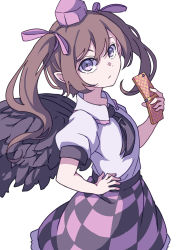 Rule 34 | 1girl, absurdres, bird wings, black necktie, black skirt, black wings, brown eyes, brown hair, cellphone, checkered clothes, checkered skirt, closed mouth, collared shirt, cowboy shot, eyebrows hidden by hair, from side, hair ribbon, hand on own hip, hat, highres, himekaidou hatate, holding, holding phone, kame (kamepan44231), looking at viewer, medium hair, multicolored clothes, multicolored skirt, necktie, one-hour drawing challenge, phone, puffy short sleeves, puffy sleeves, purple hat, purple ribbon, purple skirt, ribbon, shirt, short sleeves, simple background, skirt, solo, standing, tokin hat, touhou, twintails, two-tone skirt, white background, wings