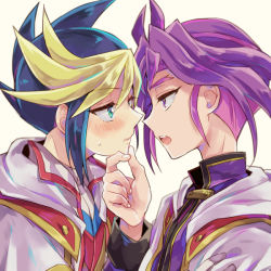 Rule 34 | 2boys, blush, borrowed clothes, eye contact, from side, hand on another&#039;s chin, looking at another, male focus, mikami (mkm0v0), multicolored hair, multiple boys, purple hair, simple background, two-tone hair, upper body, yaoi, yu-gi-oh!, yu-gi-oh! arc-v, yuugo (yu-gi-oh!), yuuri (yu-gi-oh!)