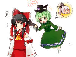 Rule 34 | 3girls, ^^^, ascot, black hair, blush, bow, detached sleeves, dress, closed eyes, female focus, ghost, grabbing another&#039;s hair, green dress, green eyes, green hair, grey eyes, grey hair, hair bow, hair tubes, hakurei reimu, hat, japanese clothes, miko, mononobe no futo, multiple girls, mushirou, open mouth, ponytail, soga no tojiko, thought bubble, touhou
