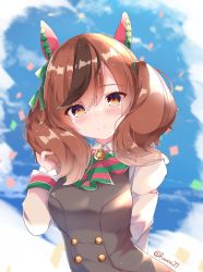 Rule 34 | 1girl, animal ears, blue sky, blurry, blurry background, blush, breasts, brown eyes, brown hair, closed mouth, cloud, collared shirt, commentary request, confetti, day, depth of field, dress, fuuna, grey dress, hair between eyes, hand up, highres, horse ears, long sleeves, medium breasts, multicolored hair, nice nature (umamusume), outdoors, shirt, sky, sleeveless, sleeveless dress, sleeves past wrists, smile, solo, streaked hair, twintails, twitter username, umamusume, upper body, white shirt