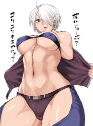 Rule 34 | 1girl, angel (kof), blue eyes, breasts, dr.p, covered erect nipples, hair over one eye, large breasts, light smile, navel, parted lips, short hair, silver hair, simple background, solo, the king of fighters, thighs, translation request, underboob, white background