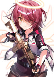 Rule 34 | 1girl, absurdres, arknights, assault rifle, belt, black belt, black gloves, black shirt, blush, brown eyes, clothes writing, commentary request, exusiai (arknights), eyes visible through hair, gloves, gun, hair intakes, hair over one eye, halo, heart, highres, holding, holding gun, holding weapon, jacket, looking at viewer, m4 carbine, nenobi (nenorium), open clothes, open jacket, partial commentary, raglan sleeves, red hair, rifle, shirt, short hair, simple background, smile, solo, translated, weapon, white background, white jacket