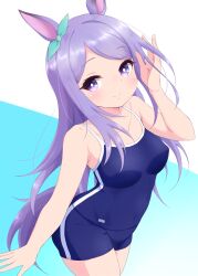 Rule 34 | 1girl, animal ears, blue one-piece swimsuit, bow, breasts, ch-b, commentary request, competition school swimsuit, ear ribbon, highres, horse ears, horse girl, horse tail, long hair, looking at viewer, mejiro mcqueen (umamusume), one-piece swimsuit, purple eyes, purple hair, school swimsuit, small breasts, smile, solo, swept bangs, swimsuit, tail, tracen swimsuit, umamusume