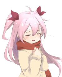 Rule 34 | 1girl, ahoge, baigao, bandaged head, bandages, check commentary, child, chinese commentary, closed eyes, coat, commentary request, facing away, hair between eyes, hair ribbon, highres, long hair, long sleeves, open mouth, original, own hands together, pink hair, red ribbon, red scarf, ribbon, scarf, simple background, solo, tears, two side up, upper body, white background, white coat