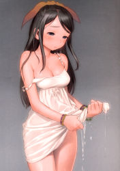 Rule 34 | 1girl, absurdres, bare shoulders, black hair, blush, bracelet, breasts, cleavage, closed mouth, cowboy shot, dress, dripping, giselle collette vingt, hair ribbon, half-closed eyes, highres, jewelry, last exile, last exile: gin&#039;yoku no fam, long hair, looking at viewer, medium breasts, murata range, orange ribbon, pearl bracelet, purple eyes, ribbon, simple background, sleeveless, sleeveless dress, solo, standing, straight hair, strap slip, sundress, thighs, water, wet, wet clothes, wet dress, white dress, wringing clothes