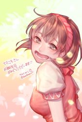 Rule 34 | 1girl, blush, breasts, brown eyes, brown hair, gensou suikoden, gensou suikoden ii, gloves, hairband, highres, looking at viewer, nanami (suikoden), open mouth, sakai (motomei), short hair, simple background, smile, solo, teeth