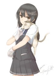 Rule 34 | 10s, 1girl, 2016, animal, animal on shoulder, artist name, black eyes, black hair, buttons, cat, cat on shoulder, dated, closed eyes, from side, gloves, gurifu, hair ornament, hairclip, kantai collection, long hair, oyashio (kancolle), pleated skirt, school uniform, shirt, short sleeves, signature, simple background, skirt, smile, solo, vest, white background, white gloves, white shirt