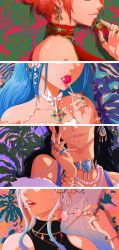 Rule 34 | 4girls, absurdres, artist request, bare shoulders, black hair, blue hair, bracelet, candy, coin, earrings, eyelashes, food, glasses, gradient hair, hair up, happy, highres, jewelry, lips, lollipop, long hair, lots of jewelry, multicolored hair, multiple girls, nami (one piece), nefertari vivi, nico robin, one piece, opalis, orange hair, removing eyewear, ring, smile, source request, white hair, yamato (one piece)