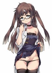 Rule 34 | 1girl, asai (asai29302179), bad id, bad pixiv id, black panties, blue dress, blue eyes, breasts, brown hair, choker, clothes lift, commentary request, dress, dress lift, girls&#039; frontline, glasses, hair ornament, hairclip, highres, lifted by self, long hair, looking at viewer, navel, off shoulder, panties, small breasts, smile, solo, thighhighs, thong, type 59 (girls&#039; frontline), underwear
