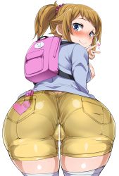 Rule 34 | 10s, 1girl, ass, ass focus, backpack, bad id, bad pixiv id, bag, blue eyes, blush, breasts, breasts out, brown hair, cameltoe, censored, from behind, gundam, gundam build fighters, gundam build fighters try, heart, highres, hoshino fumina, huge ass, large breasts, looking back, nipples, pointless censoring, ponytail, pussy juice, sex toy, shorts, silly (marinkomoe), skin tight, smile, solo, thighhighs, v, vibrator, vibrator under clothes, wide hips, zettai ryouiki
