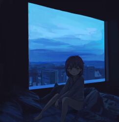 Rule 34 | 1girl, alternate costume, barefoot, blanket, blue sky, chinese commentary, cityscape, collarbone, collared shirt, commentary request, crossed wrists, foot out of frame, hair down, hatoba tsugu, highres, indoors, knees up, long sleeves, looking at viewer, medium hair, mimizu ningen, mole, mole under eye, morning, muted color, no pants, on bed, open mouth, outstretched arms, pillow, shirt, sitting, sky, smile, solo, tsugu (vtuber), virtual youtuber, window