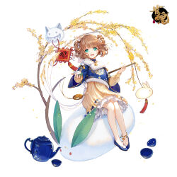 Rule 34 | 1girl, anklet, aqua eyes, blue footwear, branch, brown hair, choker, cup, double bun, hair bun, highres, hina momo, holding, holding stick, jewelry, leaf, logo, looking at viewer, mahjong soul, official art, open mouth, plant, shine cheese, simple background, smile, solo, stick, tachi-e, tassel, teacup, teapot, white background