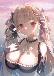 Rule 34 | 1girl, azur lane, bare shoulders, between breasts, black ribbon, breasts, cleavage, clothing cutout, detached collar, dress, flower, formidable (azur lane), frilled dress, frills, gothic lolita, grey hair, hair ribbon, haitu, hand on own chest, highres, large breasts, lolita fashion, long hair, looking to the side, outdoors, pantyhose, red eyes, ribbon, shadow, shoulder cutout, solo, standing, twintails, two-tone dress, two-tone ribbon, upper body, very long hair, water, white flower