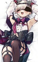 Rule 34 | 1boy, ?, armpits, arms up, bed sheet, black thighhighs, blindfold, blush, bound, bound wrists, bow, bowtie, detached sleeves, garter straps, genshin impact, gloves, grey hair, highres, lying, lyney (genshin impact), male focus, on back, open mouth, solo, sweat, teardrop facial mark, thighhighs, trap, yoruhachi