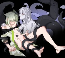Rule 34 | 2girls, animal ears, arknights, bare legs, barefoot, black background, blush, bottomless, cat ears, coat, colored skin, commentary, drooling, gladiia (arknights), green coat, green eyes, green hair, grey hair, grey skin, hand on another&#039;s chest, hand on another&#039;s shoulder, highres, kal&#039;tsit (arknights), long hair, medium hair, molu stranger, multiple girls, naked coat, open clothes, open coat, parted lips, pointy ears, pussy juice, red eyes, saliva, simple background, smile, sweat, tentacles, yuri