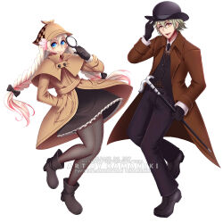 Rule 34 | 1boy, 1girl, blue eyes, boots, bow, braid, braided ponytail, cane, character request, closed mouth, coat, copyright request, detective hat, dress shirt, gloves, grey hair, hair bow, hand in pocket, hat, hat tip, holding, holding cane, kamaniki, magnifying glass, necktie, open mouth, pants, pink hair, red eyes, shirt, smile, tagme, top hat, trench coat
