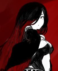 Rule 34 | 1girl, bare shoulders, belt, black hair, breasts, crow (gravity daze), detached sleeves, gravity daze, gravity daze 2, hair over one eye, hand on neck, long hair, long sleeves, multicolored hair, profile, red hair, solo, two-tone hair