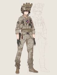 Rule 34 | 1girl, absurdres, american flag, ammunition pouch, belt, black gloves, black hair, brown footwear, camouflage, camouflage pants, character sheet, desert camouflage, digital camouflage, ear protection, full body, gloves, glowstick, highres, load bearing vest, long sleeves, looking ahead, magazine (weapon), mole, mole under mouth, night vision device, original, pants, pen guin15, pouch, short hair, simple background, solo focus, united states marine corps, utility belt