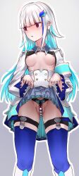 Rule 34 | 1girl, @ @, breasts, breasts out, clothes lift, frilled skirt, frills, highres, lize helesta, medium breasts, nijisanji, nipples, pearl thong, skirt, skirt lift, solo, thighhighs, virtual youtuber, white hair