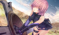 Rule 34 | 1girl, absurdres, akasaai, armor, armored dress, bare shoulders, black dress, blue sky, blush, breasts, day, dress, elbow gloves, fate/grand order, fate (series), gloves, hair over one eye, highres, holding, holding shield, leaning forward, looking at viewer, mash kyrielight, medium breasts, open mouth, outdoors, purple eyes, purple hair, shield, short hair, sky, solo, thigh strap