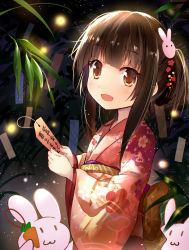 Rule 34 | 1girl, :3, aged down, alternate hairstyle, animal ears, black hair, blunt bangs, blush, brown eyes, carrot necklace, efe, eyebrows, floral print, hair ornament, highres, houraisan kaguya, japanese clothes, jewelry, kimono, long hair, long sleeves, looking at viewer, necklace, night, night sky, obi, outdoors, pink kimono, rabbit ears, rabbit hair ornament, sash, sky, smile, solo, star (sky), starry sky, tanabata, tanzaku, touhou, wide sleeves, yukata