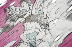 Rule 34 | &gt; &lt;, 10s, 3boys, bad id, bad twitter id, brothers, closed eyes, hand on own hip, hanten (clothes), limited palette, m0da, male focus, matsuno ichimatsu, matsuno jyushimatsu, matsuno todomatsu, monochrome, multiple boys, osomatsu-kun, osomatsu-san, osomatsu (series), partially colored, purple background, siblings, sketch, sliding, smile