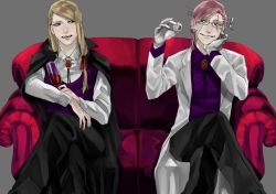 Rule 34 | 2boys, agatsumaattsu, alternate costume, bleach, blonde hair, brothers, cape, couch, cup, drinking glass, gloves, halloween, male focus, multiple boys, object through head, pink hair, red upholstery, screw in head, siblings, simple background, sitting, smirk, szayelaporro granz, wine glass, yylfordt granz