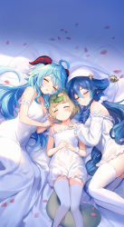 Rule 34 | 3girls, absurdres, ahoge, alternate costume, arm garter, bare shoulders, blonde hair, blue hair, blunt bangs, breasts, cleavage, closed eyes, closed mouth, commentary request, dress, drill hair, drill sidelocks, facing viewer, feet out of frame, frilled dress, frilled garter, frills, ganyu (genshin impact), genshin impact, goat horns, hair between eyes, hand on another&#039;s shoulder, highres, horns, lalazyt, layla (genshin impact), leaf, leaf on head, long dress, long hair, long sleeves, lying, medium breasts, multiple girls, off-shoulder dress, off shoulder, on back, on bed, on side, parted lips, petals, pom pom (clothes), ponytail, ringlets, rose petals, sayu (genshin impact), short hair, sidelocks, sleeping, sleeveless, sleeveless dress, small breasts, strap slip, strapless, strapless dress, thighhighs, thighs, twin drills, very long hair, wedding dress, white dress, white headwear, white thighhighs, zettai ryouiki