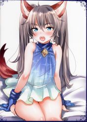Rule 34 | 1girl, absurdres, animal ears, bed, blue eyes, blush, brown hair, dog ears, dress, elin, fangs, gloves, highres, long hair, mojarin (kihara mojarin), non-web source, open mouth, short dress, sitting, sleeveless, sleeveless dress, solo, tail, tera online, twintails, very long hair, white background