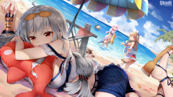 Rule 34 | 3girls, ahoge, arknights, asc11, ball, bare shoulders, beach, beach umbrella, beachball, blue poison (arknights), blue shorts, blue sky, brown hair, chinese commentary, cloud, commentary request, day, dutch angle, eyewear on head, eyjafjalla (arknights), highres, holding, holding ball, horns, inflatable orca, inflatable toy, lancet-2 (arknights), long hair, low-tied long hair, multiple girls, ocean, official alternate costume, originium slug (arknights), outdoors, pink hair, red eyes, sandals, sarong, sheep horns, shorts, silver hair, skadi (arknights), skadi (waverider) (arknights), sky, starfish, sunglasses, tree, umbrella, water